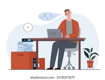 Illustration of a tired man sleeping at his desk with a laptop, clock, and files. Minimalist style on a white background. Concept of workplace exhaustion. Vector illustration