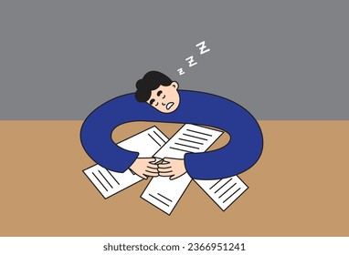 illustration of a tired man sleeping on a table bunch of papers