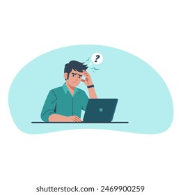 illustration of tired man working in front of laptop, suitable for business purposes