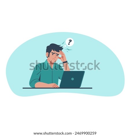 illustration of tired man working in front of laptop, suitable for business purposes