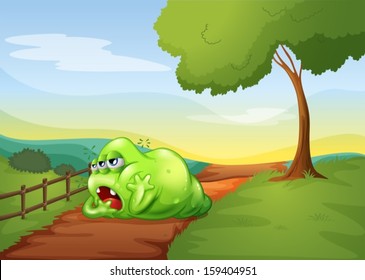 Illustration of a tired monkey resting in the middle of the pathway in the hill