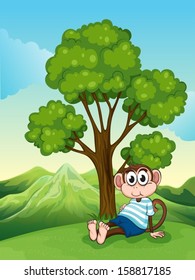 Illustration of a tired monkey resting under the tree at the hilltop