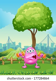 Illustration of a tired monster exercising under the tree