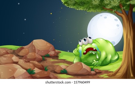 Illustration of a tired monster resting under the tree in the middle of the night