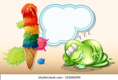 Illustration of a tired monster sleeping near the giant icecream
