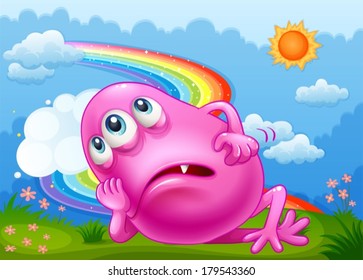 Illustration of a tired pink monster at the hilltop with a rainbow in the sky