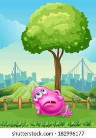 Illustration of a tired pink monster under the tree