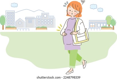 Illustration of a tired pregnant woman and the cityscape