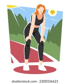 illustration of a tired woman after jogging on a running track. field background, grass, leaves. sun glare. tired face icon. concept of exercise, fatigue, rest, etc. flat vector