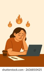 Illustration of a tired woman experiencing burnout while working on a laptop, with flames above her head symbolizing stress and exhaustion. Concept of work stress, mental overload, burnout.