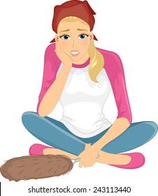 Illustration of a Tired Woman Holding a Feather Duster
