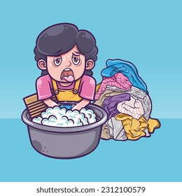 illustration tired women doing manual washing laundry