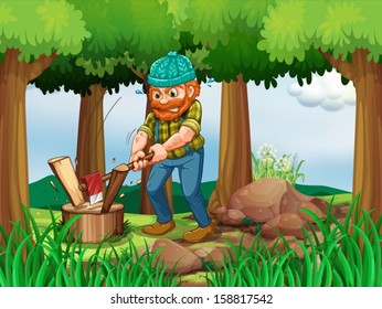 Illustration of a tired woodman chopping the woods in the forest