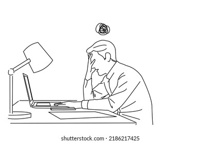 Illustration Of Tired Worker Having Problem. Man Makes Dumb Mistake Has Difficulty. Line Art Style
