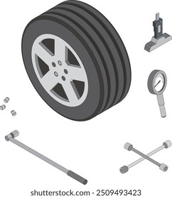 Illustration of tires and maintenance tools