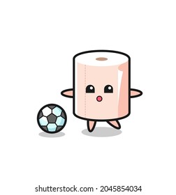 Illustration of tissue roll cartoon is playing soccer , cute design