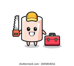 Illustration of tissue roll character as a woodworker , cute design