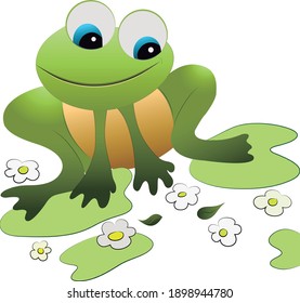 
illustration of a toad with bulging green eyes amid green leaves and white flowers