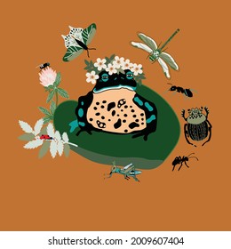 illustration with toad , flower and insect, vector design for paper, fabric and other surfaces