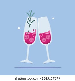 illustration of toast, alcoholic beverage in Champagne Flute Glass. summer appetizer decorated with rosemary leaves