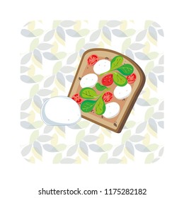 Illustration of toast with mozzarella and tomatoes