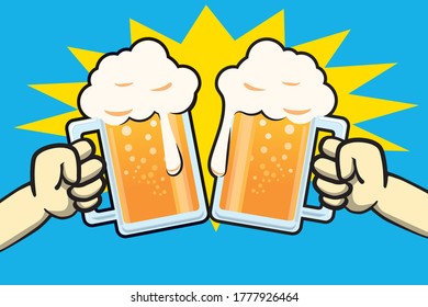 Illustration of a toast with a mug of draft beer, with a cartoon touch on the main line