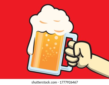 Illustration of a toast with a mug of draft beer, with a cartoon touch on the main line