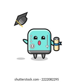 Illustration of toaster cartoon throwing the hat at graduation , cute design