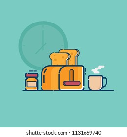 illustration of toaster and peanut butter jar with hot coffee cup american breakfast vector flat design