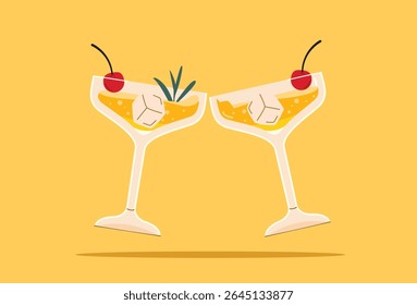 illustration of toasting alcoholic beverage in a Margarita glass. Summer appetizer decorated with berries and citrus