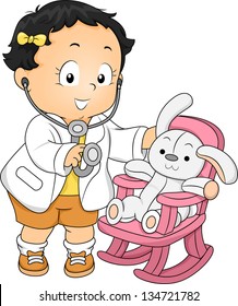 Illustration of a Toddler Girl dressed as a Doctor with his Plush Bunny Patient