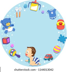 Illustration of a Toddler Kid Boy Crawling with Toys Frame
