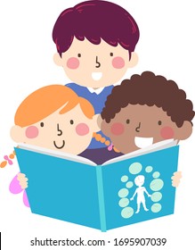 Illustration Of Toddler Kids Reading A Book On Body Parts With An Older Kid Helping Them