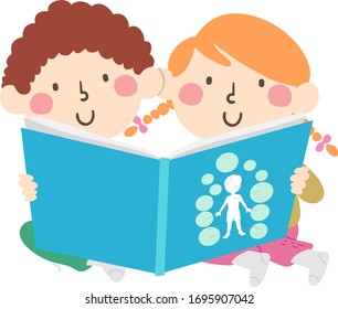 Illustration of Toddler Kids Sitting Down and Reading a Book on Body Parts