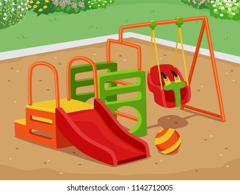 Illustration of a Toddler Playground Outdoors with a Slide, Swing and Ball