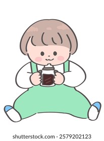 Illustration of a toddler sitting and drinking tea from a mug