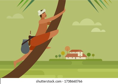 Illustration of a toddy tapper climbs up a coconut tree to collect sap. A scene from the rural Kerala, India. 