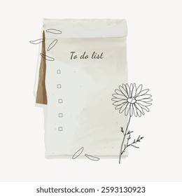Illustration of a to-do list with a daisy. The to-do list is simple and artistic. The daisy adds a floral touch to the to-do list design. Vector illustration.