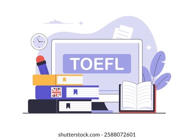 Illustration of TOEFL exam concept. English online study. Illustration for websites, landing pages, mobile apps, posters and banners.