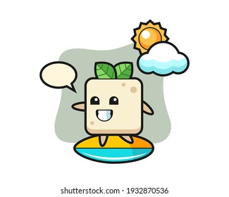Illustration of tofu cartoon do surfing on the beach