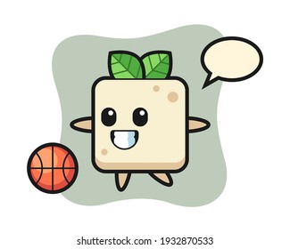 Illustration of tofu cartoon is playing basketball