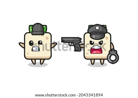illustration of tofu robber with hands up pose caught by police , cute style design for t shirt, sticker, logo element