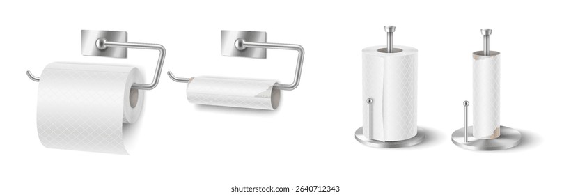 Illustration of toilet paper on holders, realistic style, neutral colors. Represents bathroom and kitchen essentials, cleanliness, and hygiene.