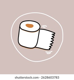 Illustration of a toilet paper roll on a beige background. The toilet paper roll is simple and cartoonish, with a minimalist design and soft colors. Hand drawn illustration vector.