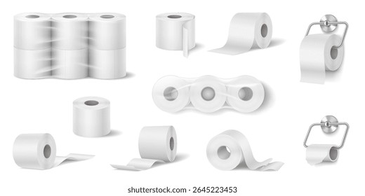 Illustration of toilet paper rolls in various settings. White color scheme. Useful for hygiene and health concepts, bathroom decor, and household essentials.