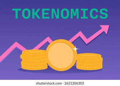 Illustration of tokenomics represented by coins and an upward trending arrow. Financial growth in the cryptocurrency world.