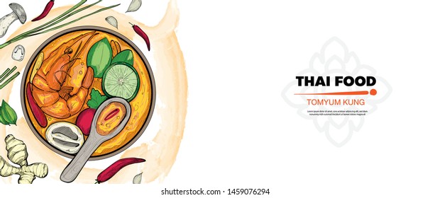 illustration of tom yum kung. thai food background. thai food menu template.