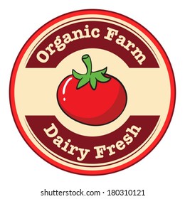 Illustration of a tomato with a dairy fresh and organic farm label on a white background