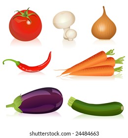 Illustration of tomato, mushroom, onion, carrot, chili, eggplant and zucchini