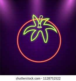 Illustration of a tomato with neon light on purple brick wall.